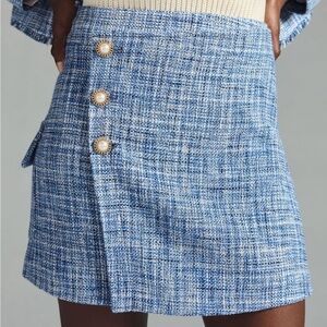 Anthropologie Maeve Tweed Skirt Blue White Button Front Boucle Career Sz 10 NEW